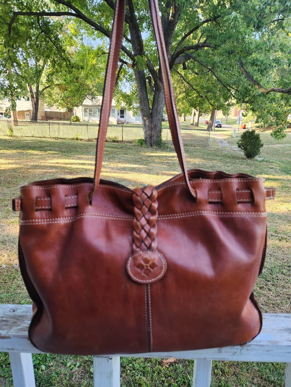 Patricia Nash Vintage Leather Braided Strap Tote Large Bag In Brown
